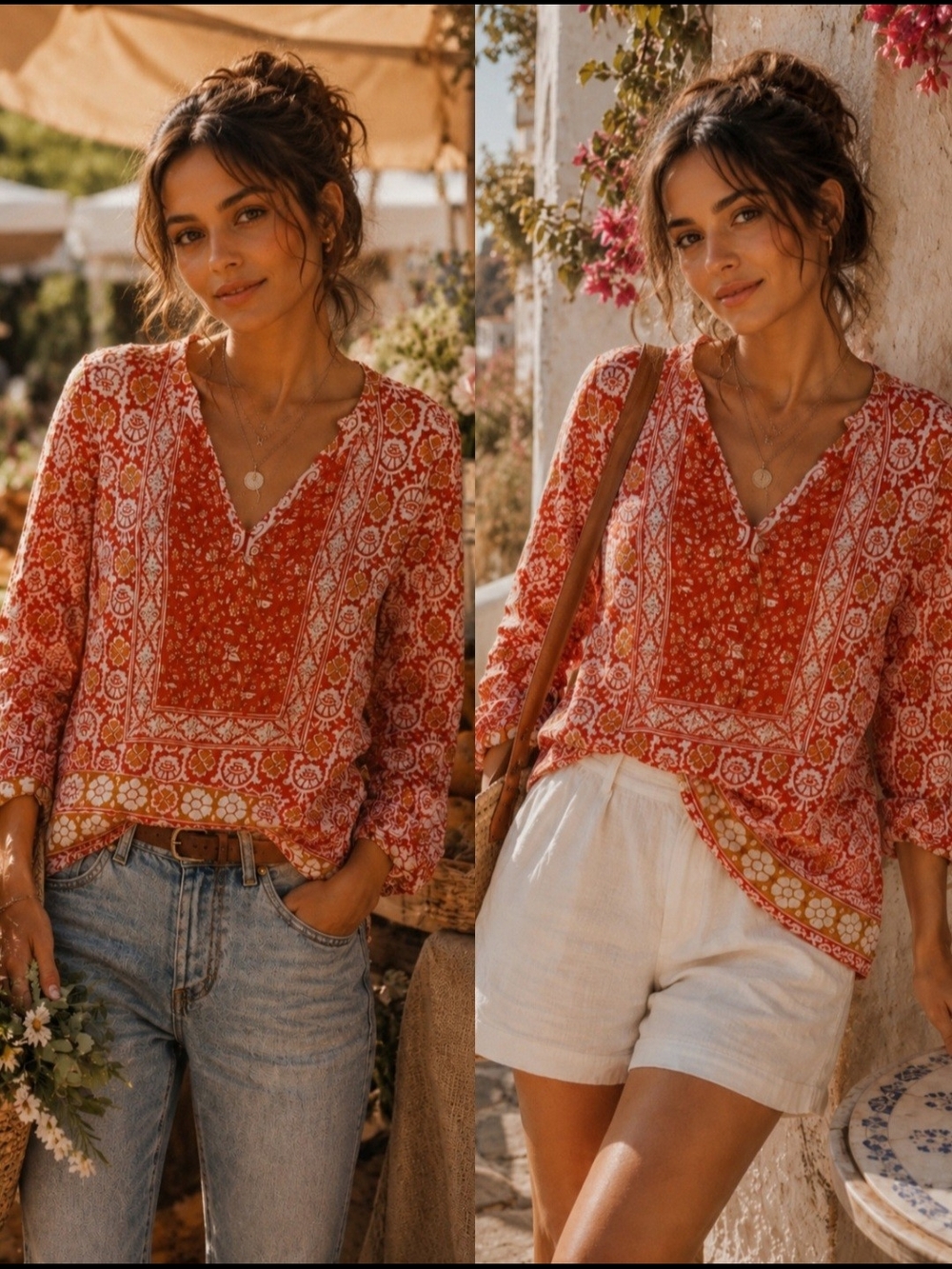 Lucky Brand Bohemian Medallion Print Top | Boho Peasant Western Tunic - Picture 3 of 9